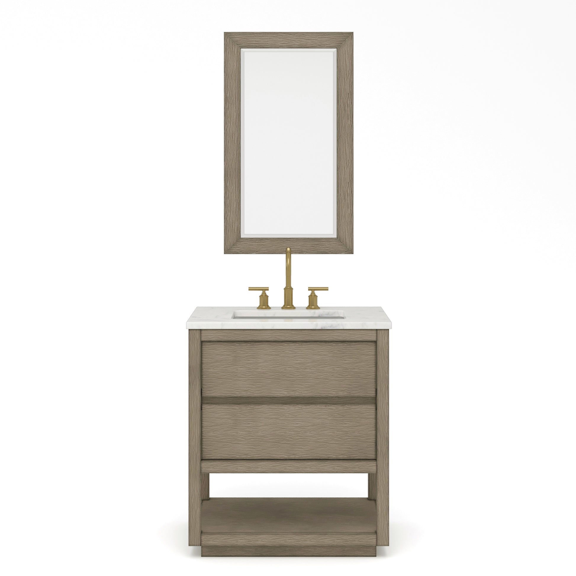 OAKMAN 72"W x 34.3"H Gray Oak Single-Sink Vanity with Carrara White Marble Countertop + Gold Faucets and Rectangular Mirrors