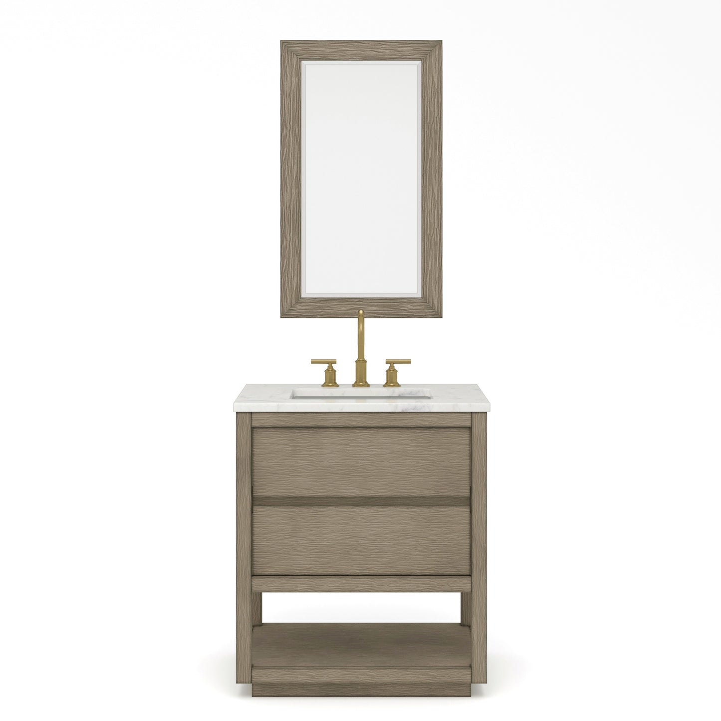 OAKMAN 72"W x 34.3"H Gray Oak Single-Sink Vanity with Carrara White Marble Countertop + Gold Faucets and Rectangular Mirrors