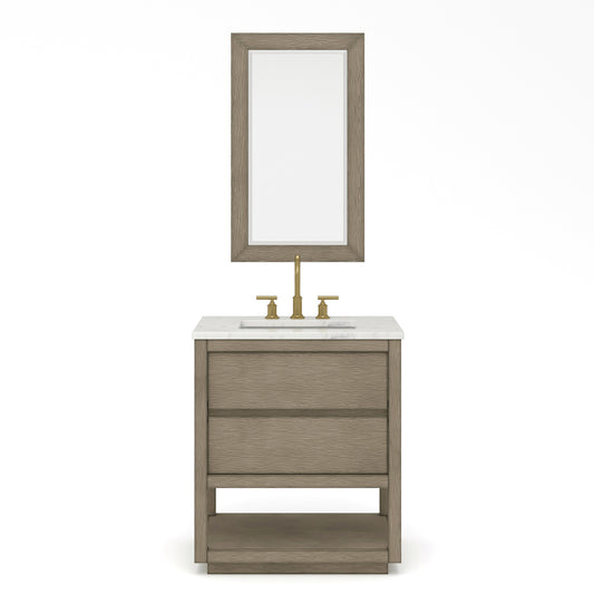 OAKMAN 72"W x 34.3"H Gray Oak Single-Sink Vanity with Carrara White Marble Countertop + Gold Faucets and Rectangular Mirrors