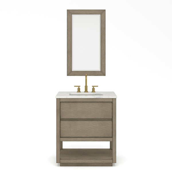 OAKMAN 72W x 34.3H Gray Oak Single-Sink Vanity with Carrara White Marble Countertop + Gold Faucets and Rectangular Mirrors