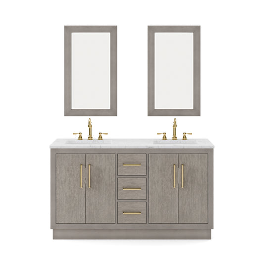 HUGO 60"W x 34.3"H Gray Oak Double-Sink Vanity with Carrara White Marble Countertop + Mirrors