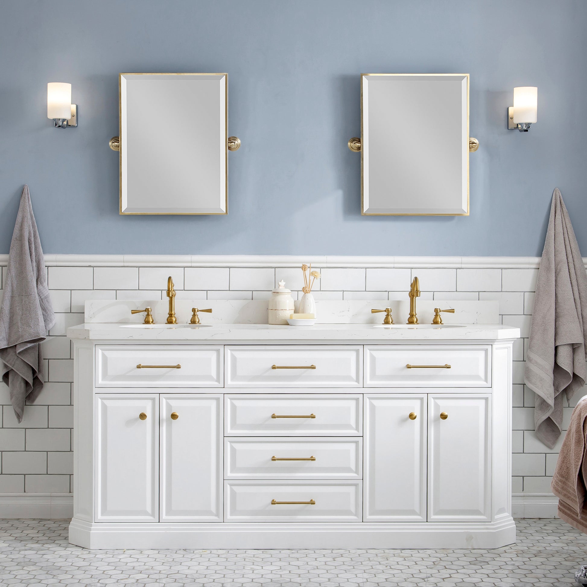 PALACE 72"W x 34"H Pure White Vanity with Carrara Quartz Countertop + Mirrors, Satin Gold Finish Hardware & Chrome Finish Mirror (B)