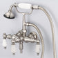 Vintage Classic 3.375" Center Wall Mount Tub Faucet With Down Spout, Straight Wall Connector & Handheld Shower in Brushed Nickel Finish, With Porcelain Lever Handles, Hot And Cold Labels Included