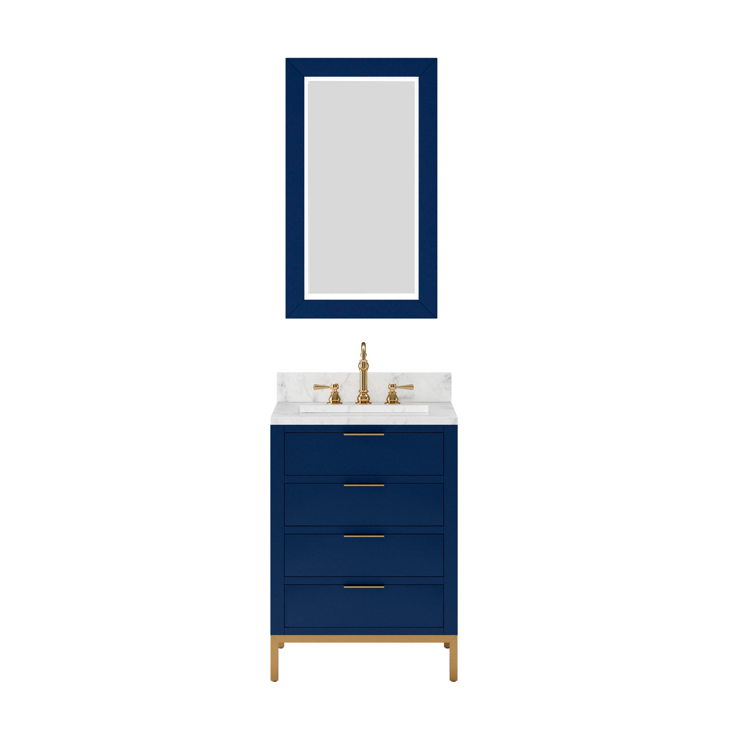 BRISTOL 24"W x 34"H Monarch Blue Single-Sink Vanity with Carrara White Marble Countertop + Satin Gold Hook Faucet and Rectangular Mirror (S)