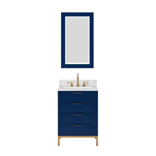 BRISTOL 24"W x 34"H Monarch Blue Single-Sink Vanity with Carrara White Marble Countertop + Satin Gold Hook Faucet and Rectangular Mirror (S)