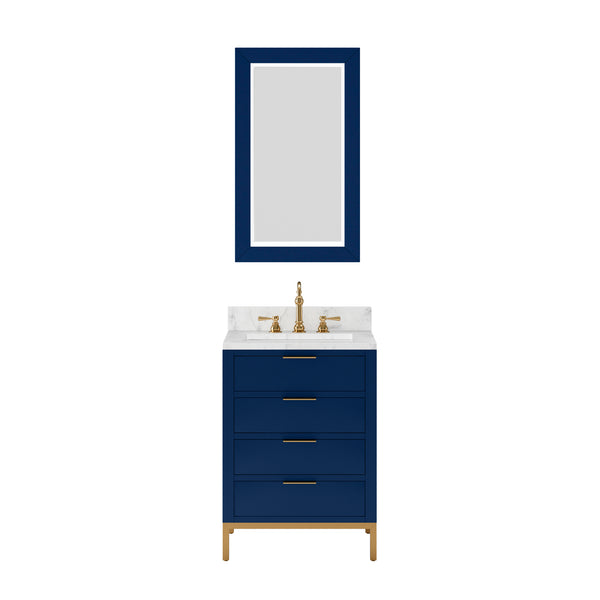 BRISTOL 24W x 34H Monarch Blue Single-Sink Vanity with Carrara White Marble Countertop + Satin Gold Hook Faucet and Rectangular Mirror (S)