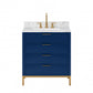 BRISTOL 30"W x 34"H Monarch Blue Single-Sink Vanity with Carrara White Marble Countertop + Satin Gold Gooseneck Faucet