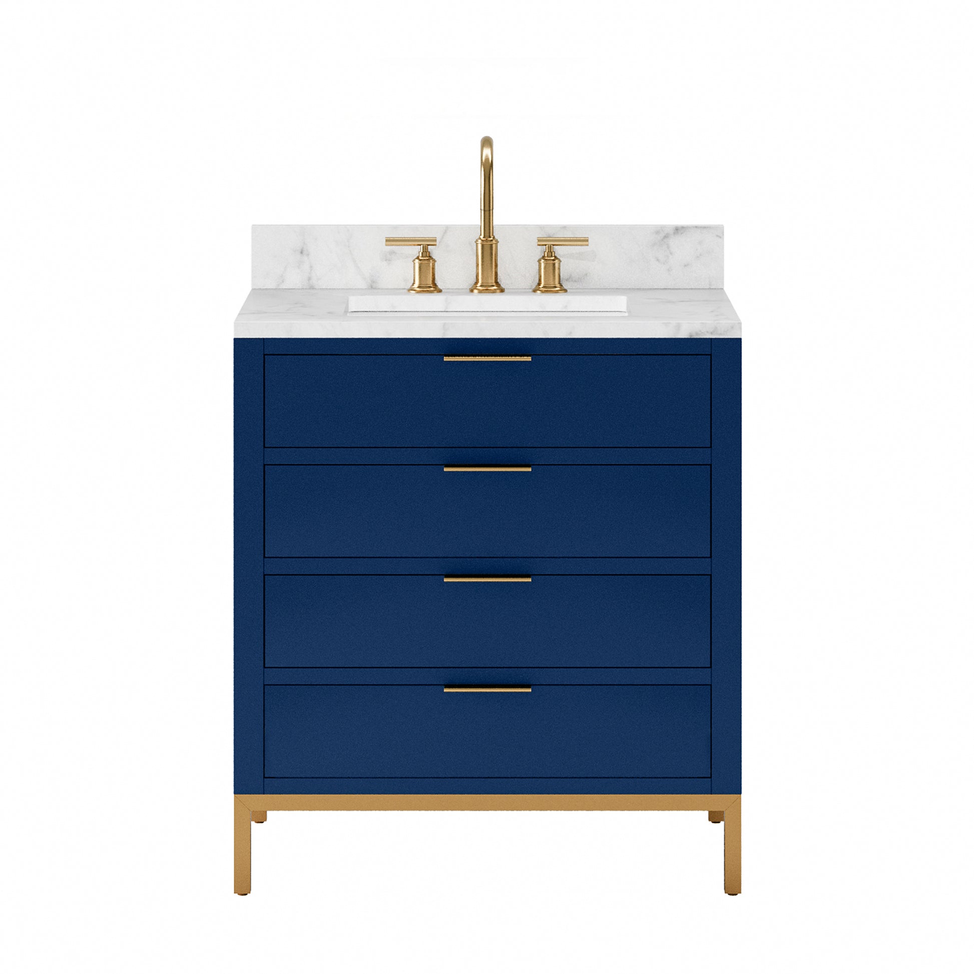 BRISTOL 30"W x 34"H Monarch Blue Single-Sink Vanity with Carrara White Marble Countertop + Satin Gold Gooseneck Faucet