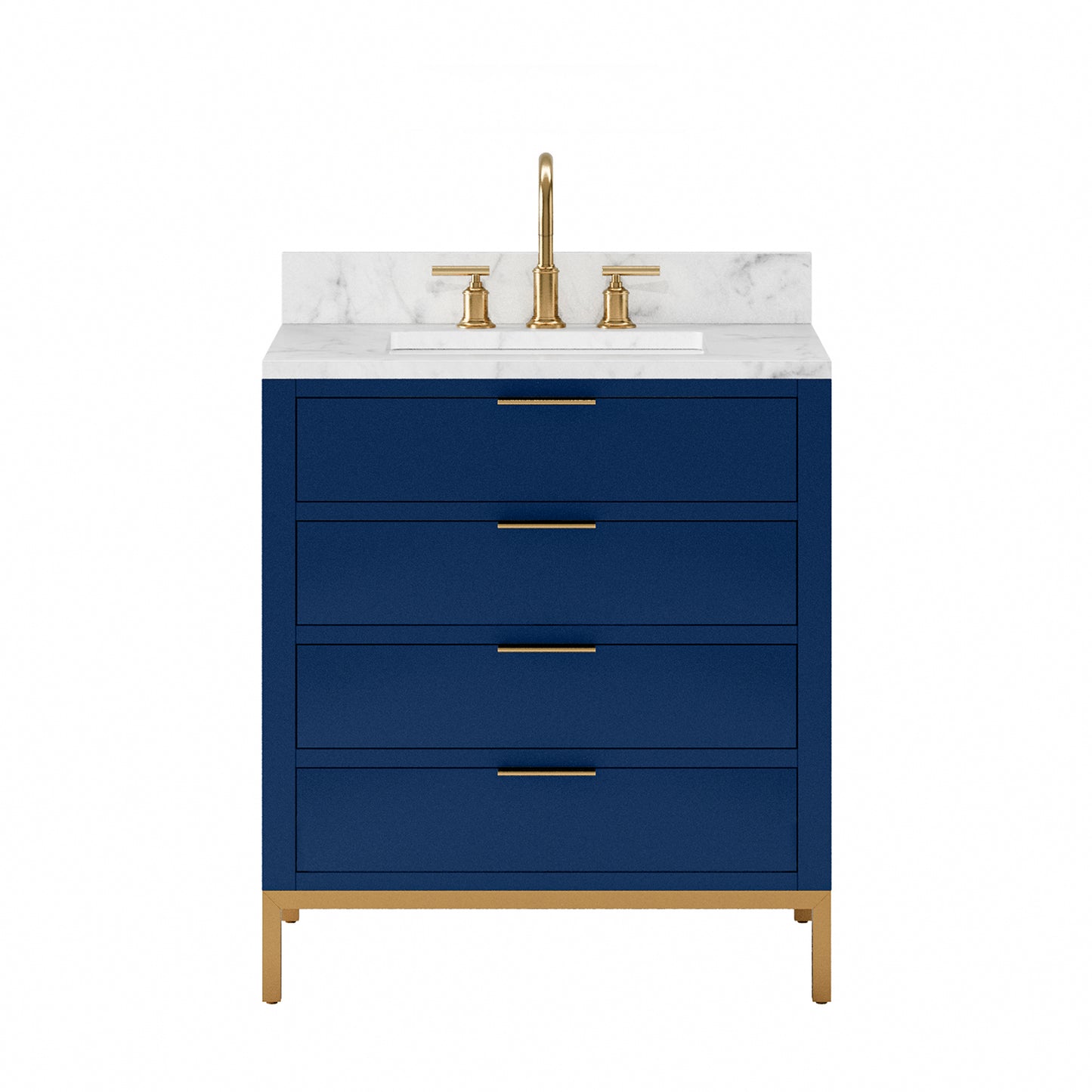 BRISTOL 30"W x 34"H Monarch Blue Single-Sink Vanity with Carrara White Marble Countertop + Satin Gold Gooseneck Faucet