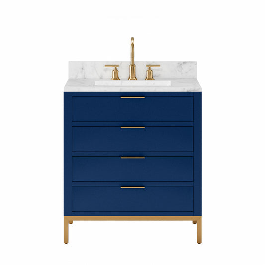 BRISTOL 30"W x 34"H Monarch Blue Single-Sink Vanity with Carrara White Marble Countertop + Satin Gold Gooseneck Faucet