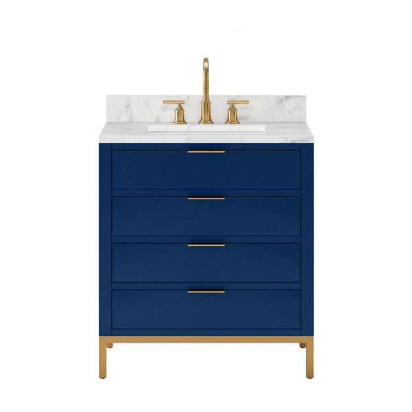 BRISTOL 30W x 34H Monarch Blue Single-Sink Vanity with Carrara White Marble Countertop + Satin Gold Gooseneck Faucet