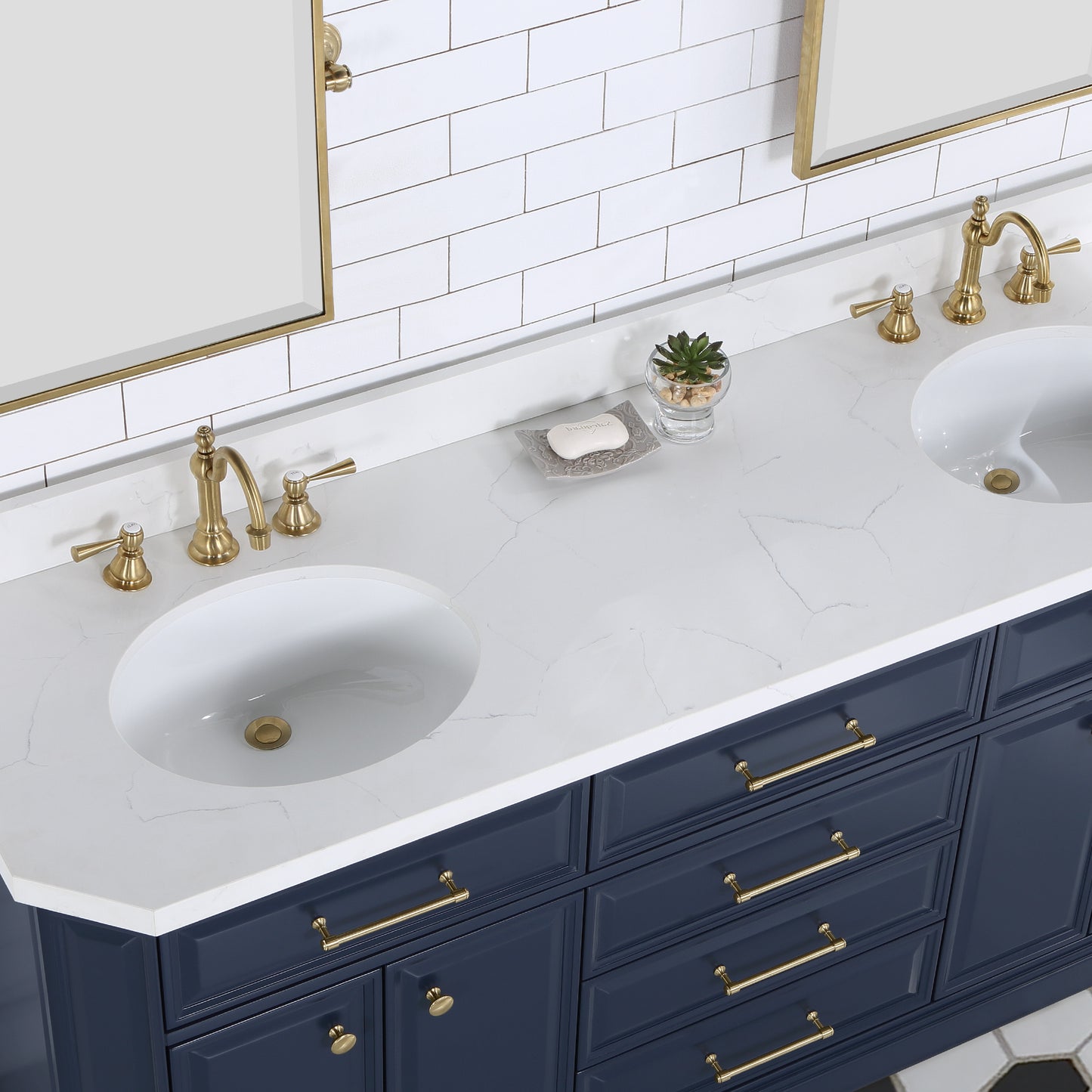 PALACE 72"W x 34.2"H Monarch Blue Double-Sink Vanity with White Quartz Countertop + Faucets (Hook Faucets)