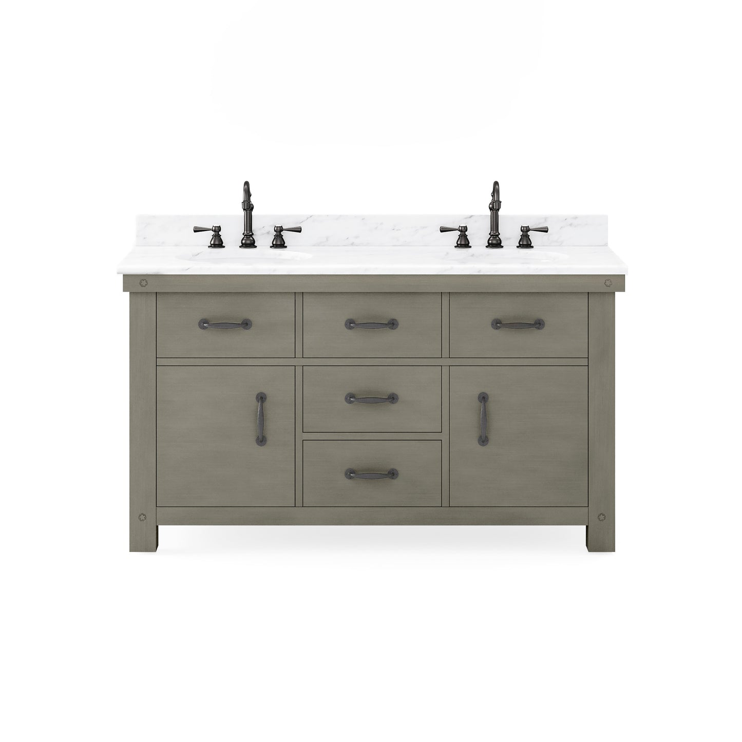 ABERDEEN 60"W x 34"H Grizzle Grey Double-Sink Vanity with Carrara White Marble Countertop + Faucets