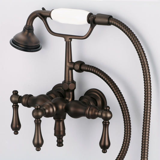 Vintage Classic 3.375" Center Wall Mount Tub Faucet With Down Spout, Straight Wall Connector & Handheld Shower in Oil Rubbed Bronze Finish, With Metal Lever Handles Without Labels