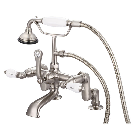 Vintage Classic Adjustable Center Deck Mount Tub Faucet With Handheld Shower in Brushed Nickel Finish, With Porcelain Lever Handles, Hot And Cold Labels Included