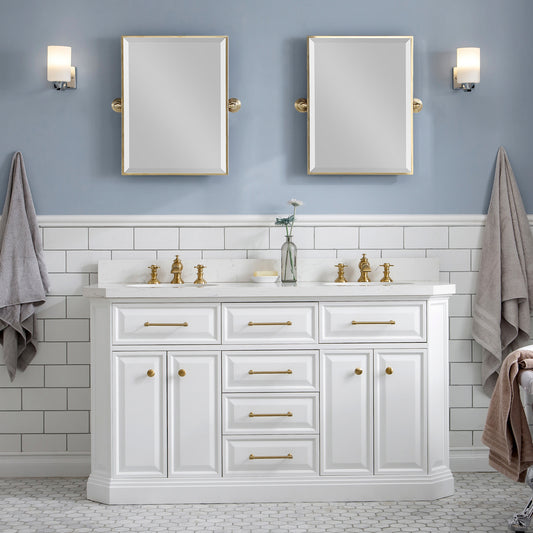 PALACE 60"W x 34"H Pure White Vanity with Carrara Quartz Countertop + Faucets & Mirrors (F2-0013), Satin Gold Finish Hardware & Chrome Finish Mirror (B)