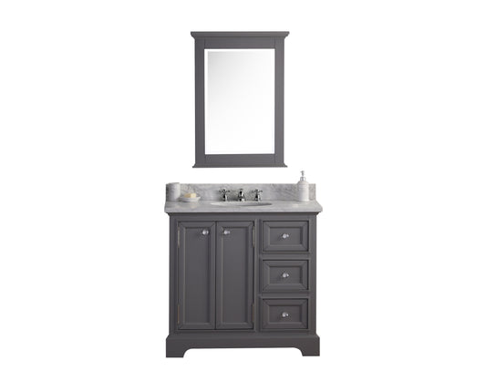 DERBY 36"W x 34"H Cashmere Gray Single-Sink Vanity with Carrara White Marble Countertop + Faucet & Mirror