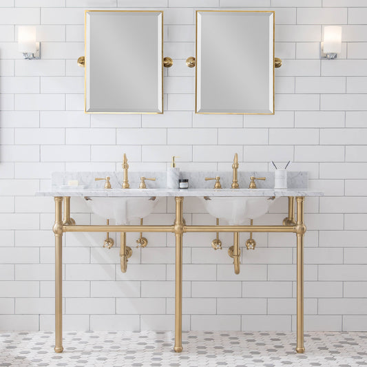 EMBASSY 60"W x 34"H  Double Washstand , P-Trap, Countertop with Sink, F2-0012 Faucet and Mirror included, in Satin Gold Finish