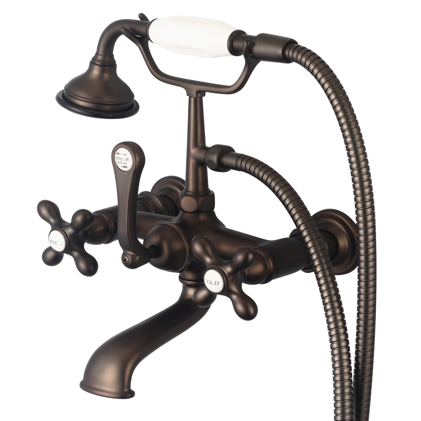 Vintage Classic 7" Spread Wall Mount Tub Faucet With Straight Wall Connector & Handheld Shower in Oil Rubbed Bronze Finish, With Metal Lever Handles, Hot And Cold Labels Included