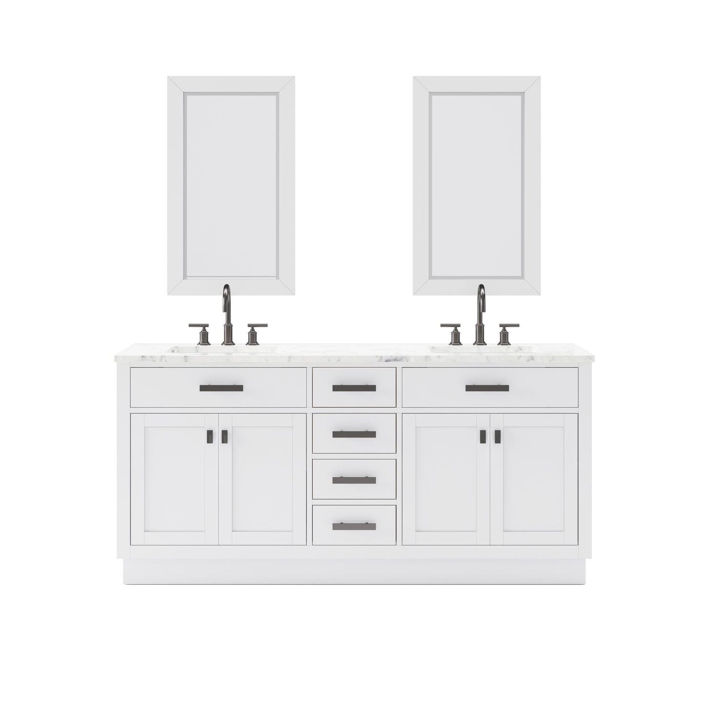 HARTFORD 72"W x 34"H Pure White Double-Sink Vanity with Carrara White Marble Countertop + Gooseneck Faucet and Rectangular Mirror (S)