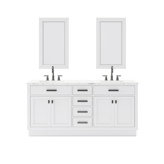 HARTFORD 72"W x 34"H Pure White Double-Sink Vanity with Carrara White Marble Countertop + Gooseneck Faucet and Rectangular Mirror (S)