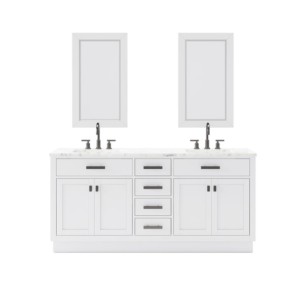 HARTFORD 72W x 34H Pure White Double-Sink Vanity with Carrara White Marble Countertop + Gooseneck Faucet and Rectangular Mirror (S)