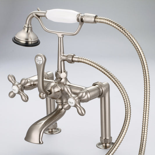 Vintage Classic 7" Spread Deck Mount Tub Faucet With 6" Risers & Handheld Shower in Brushed Nickel Finish, With Metal Lever Handles, Hot And Cold Labels Included