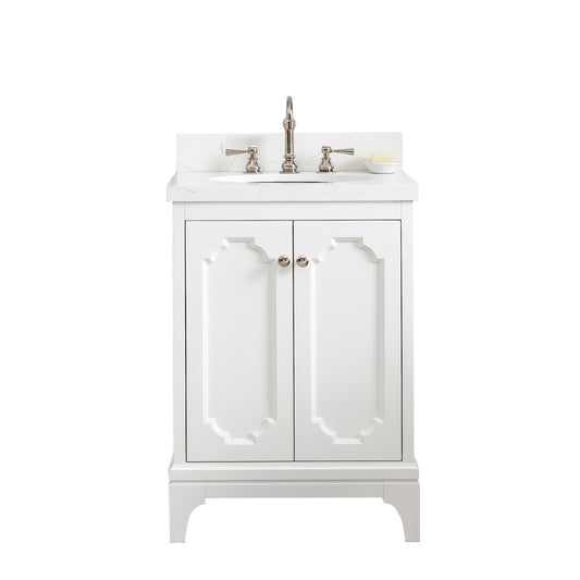 QUEEN 24"W x 34"H Pure White Single-Sink Vanity with Carrara Quartz Countertop + Faucets (F2-0012)