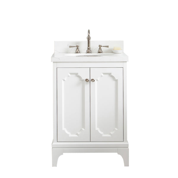 QUEEN 24W x 34H Pure White Single-Sink Vanity with Carrara Quartz Countertop + Faucets (F2-0012)