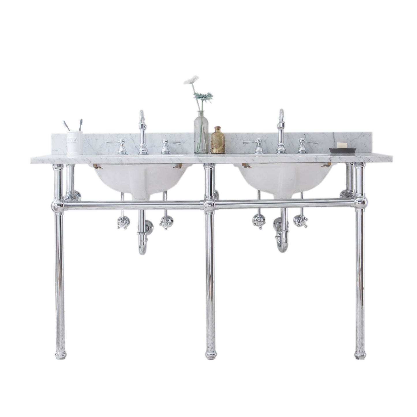 EMBASSY 60"W x 34"H  Double Washstand , P-Trap, Countertop with Sink, and F2-0012 Faucet included, in Chrome Finish