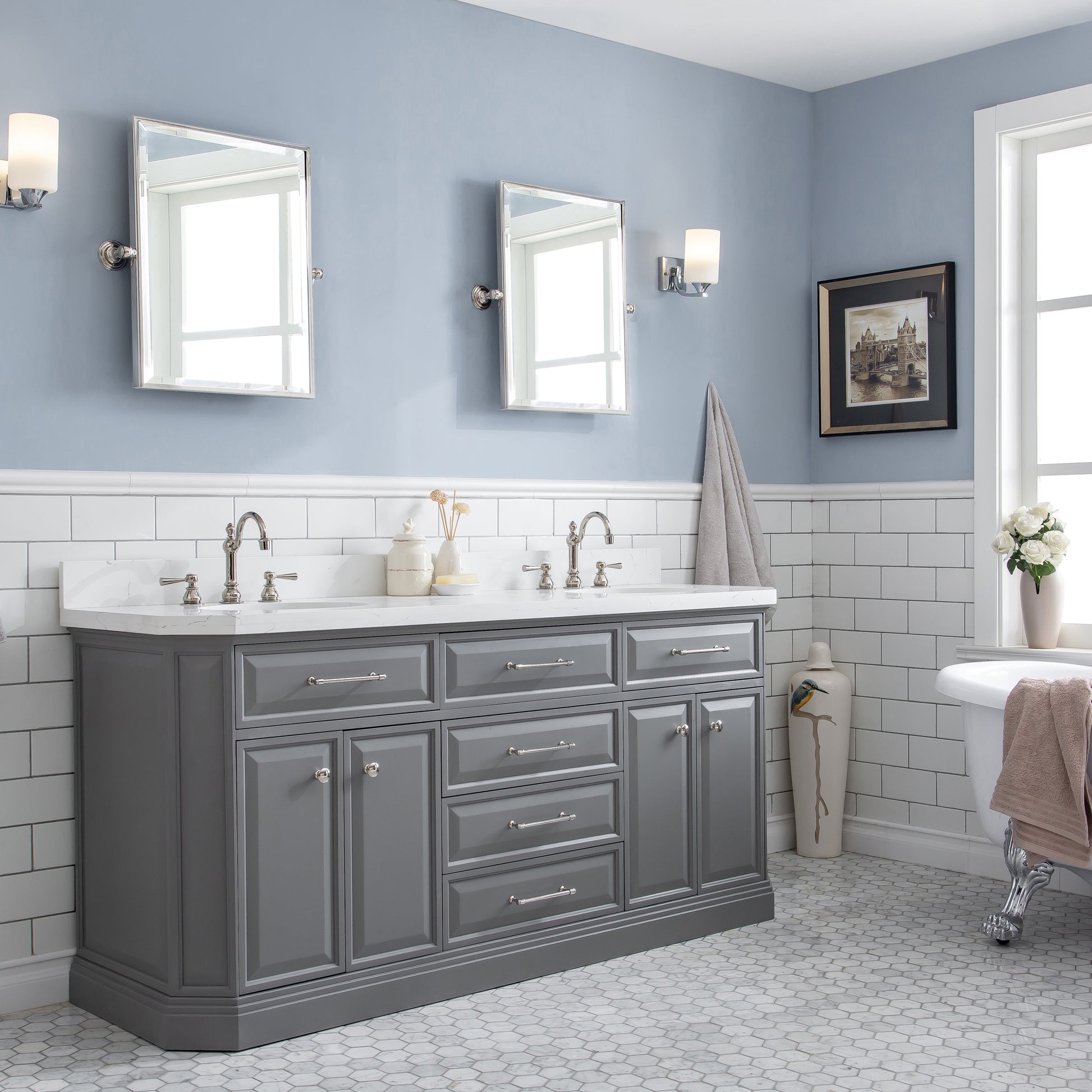 PALACE 72"W x 34"H Cashmere Gray Vanity with Carrara Quartz Countertop + Faucets (F2-0012), Polished Nickel Finish Hardware