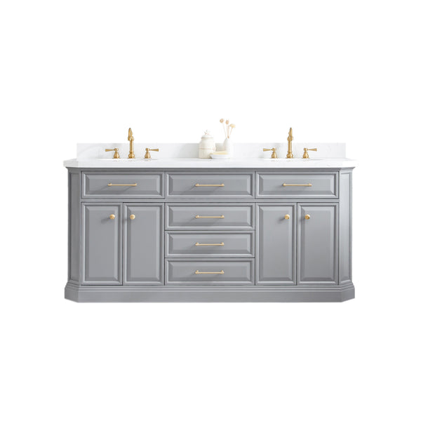 PALACE 72W x 34H Cashmere Gray Vanity with Carrara Quartz Countertop + Faucets & Mirrors (F2-0012), Satin Gold Finish Hardware & Chrome Finish Mirror  (A)