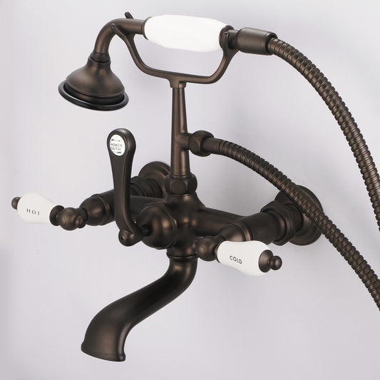 Vintage Classic 7" Spread Wall Mount Tub Faucet With Straight Wall Connector & Handheld Shower in Oil Rubbed Bronze Finish, With Porcelain Lever Handles, Hot And Cold Labels Included