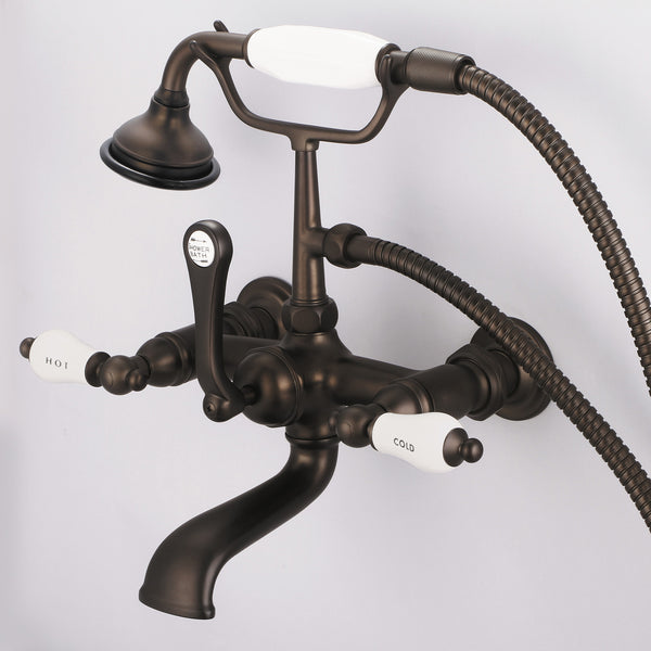 Vintage Classic 7 Spread Wall Mount Tub Faucet With Straight Wall Connector & Handheld Shower in Oil Rubbed Bronze Finish, With Porcelain Lever Handles, Hot And Cold Labels Included