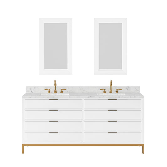 BRISTOL 72"W x 34"H Pure White Double-Sink Vanity with Carrara White Marble Countertop + Rectangular Mirrors (S)