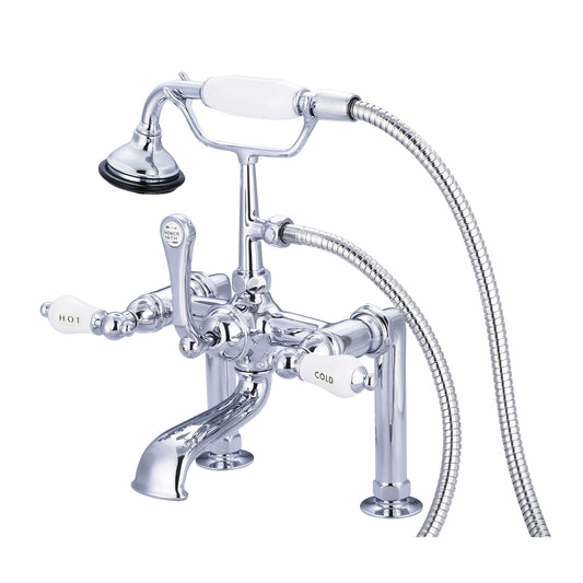 Vintage Classic 7" Spread Deck Mount Tub Faucet With 6" Risers & Handheld Shower in Chrome Finish, With Porcelain Lever Handles, Hot And Cold Labels Included