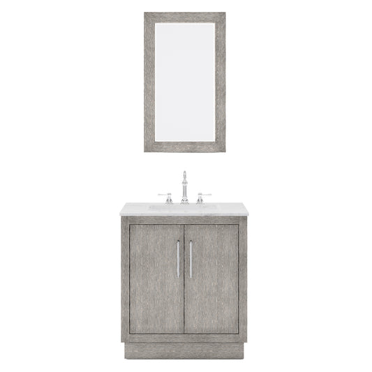 HUGO 30"W x 34.3"H Gray Oak Single-Sink Vanity with Carrara White Marble Countertop + Mirror