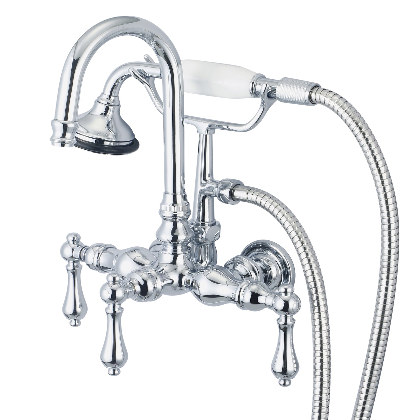 Vintage Classic 3.375" Center Wall Mount Tub Faucet With Gooseneck Spout, Straight Wall Connector & Handheld Shower in Chrome Finish, With Metal Lever Handles Without Labels