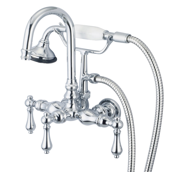 Vintage Classic 3.375 Center Wall Mount Tub Faucet With Gooseneck Spout, Straight Wall Connector & Handheld Shower in Chrome Finish, With Metal Lever Handles Without Labels