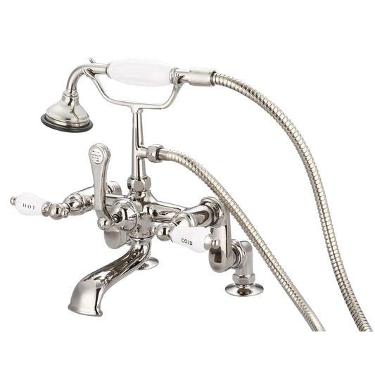Vintage Classic Adjustable Center Deck Mount Tub Faucet With Handheld Shower in Polished Nickel Finish, With Porcelain Lever Handles, Hot And Cold Labels Included