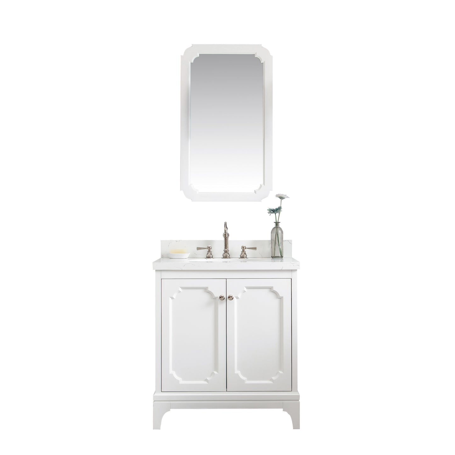 QUEEN 30"W x 34"H Pure White Single-Sink Vanity with Carrara Quartz Countertop + Faucets & Mirror (F2-0012)