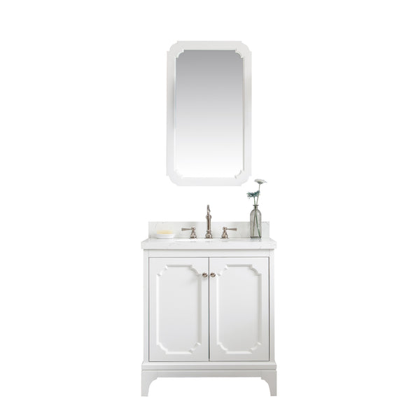 QUEEN 30W x 34H Pure White Single-Sink Vanity with Carrara Quartz Countertop + Faucets & Mirror (F2-0012)