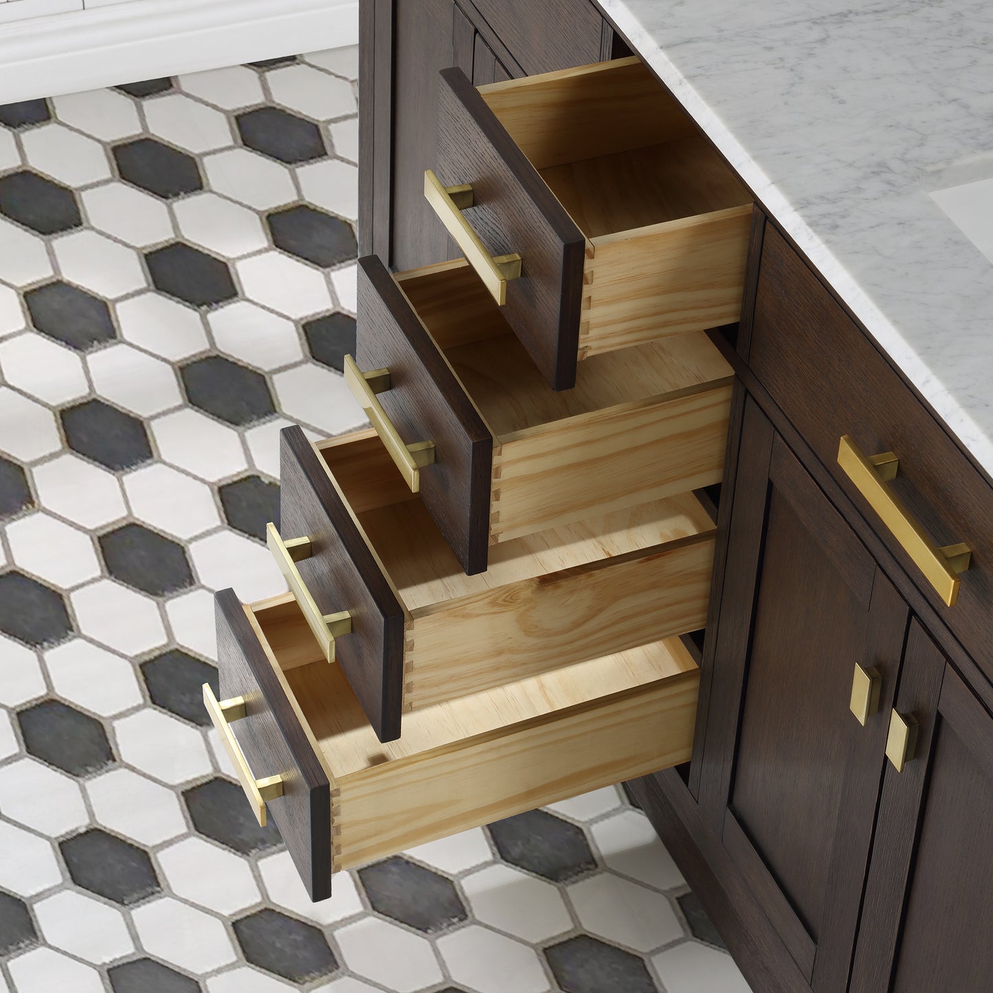 CHESTNUT 60"W x 34.2"H Brown Oak Double-Sink Vanity with Carrara White Marble Countertop + Mirrors