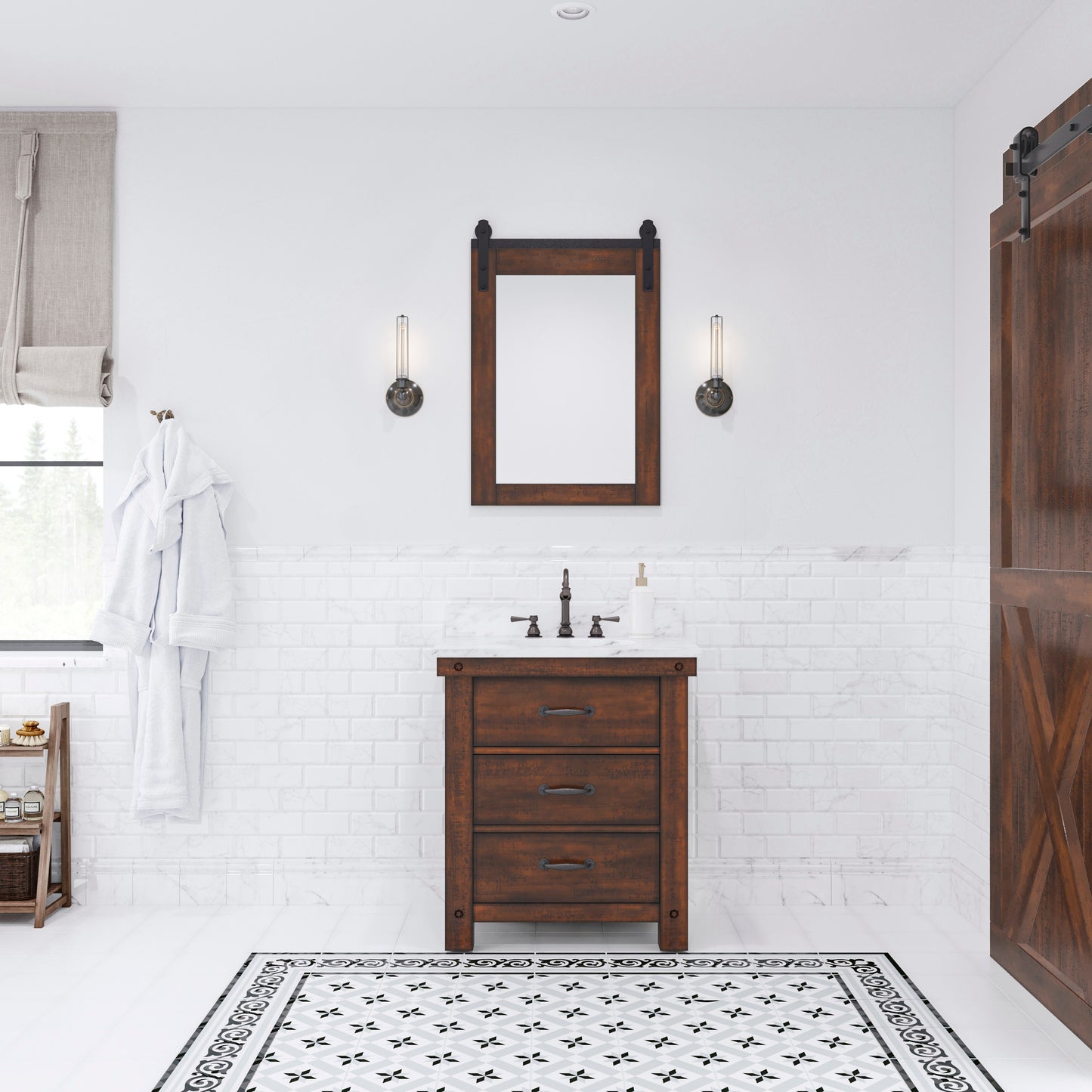 ABERDEEN 30"W x 34"H Sierra Rustic Single-Sink Vanity with Carrara White Marble Countertop + Mirror