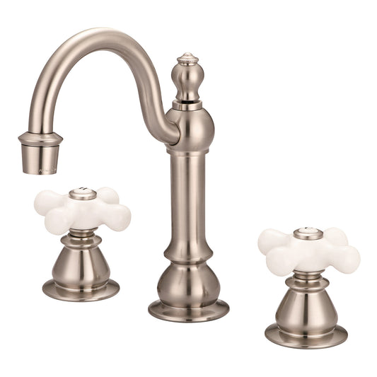 American 20th Century Classic Widespread Bathroom F2-0012 Faucets With Pop-Up Drain in Brushed Nickel Finish, With Porcelain Cross Handles, Hot And Cold Labels Included