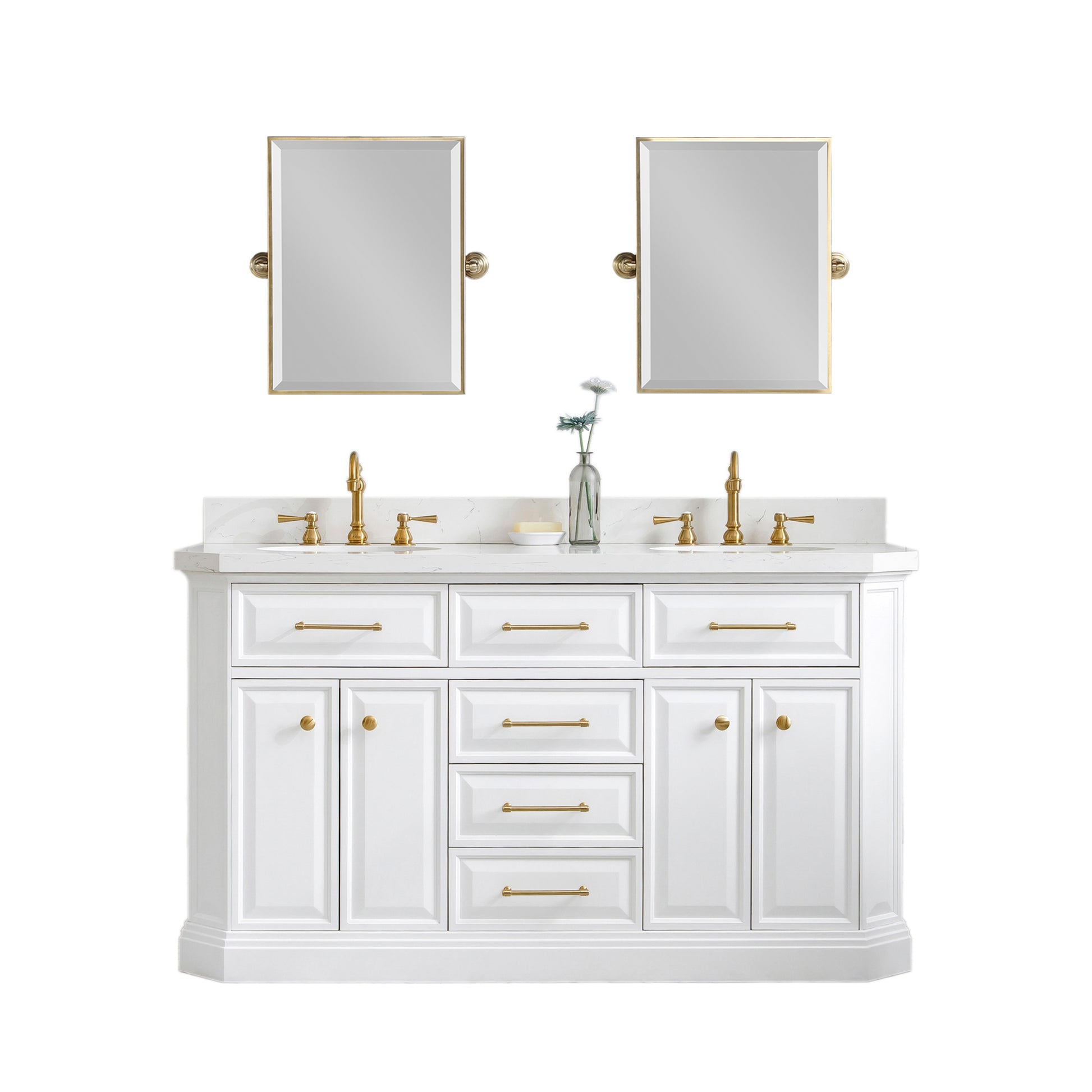 PALACE 60"W x 34"H Pure White Vanity with Carrara Quartz Countertop + Faucets & Mirrors (F2-0012), Satin Gold Finish Hardware & Chrome Finish Mirror (B)