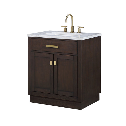 CHESTNUT 30"W x 34.2"H Brown Oak Single-Sink Vanity with Carrara White Marble Countertop