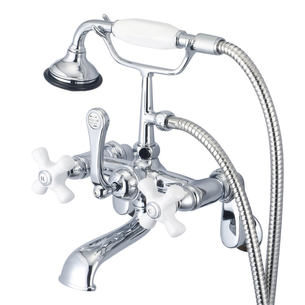 Vintage Classic Adjustable Center Wall Mount Tub Faucet With Swivel Wall Connector & Handheld Shower in Chrome Finish, With Porcelain Cross Handles, Hot And Cold Labels Included