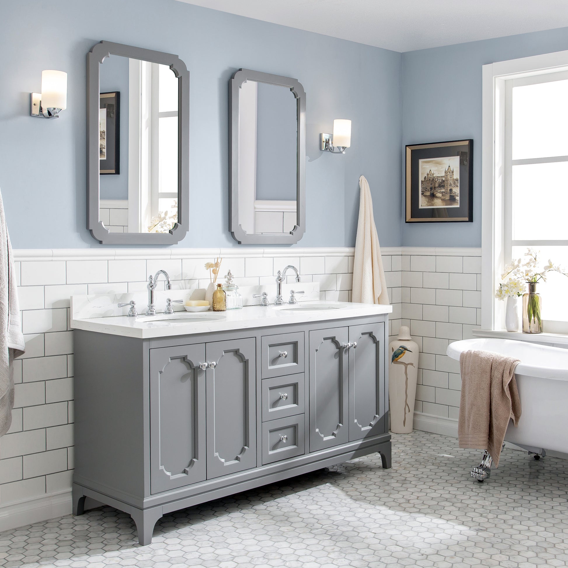 QUEEN 60"W x 34"H Cashmere Gray Double-Sink Vanity with Carrara Quartz Countertop + Faucets & Mirror (F2-0012-01-TL)