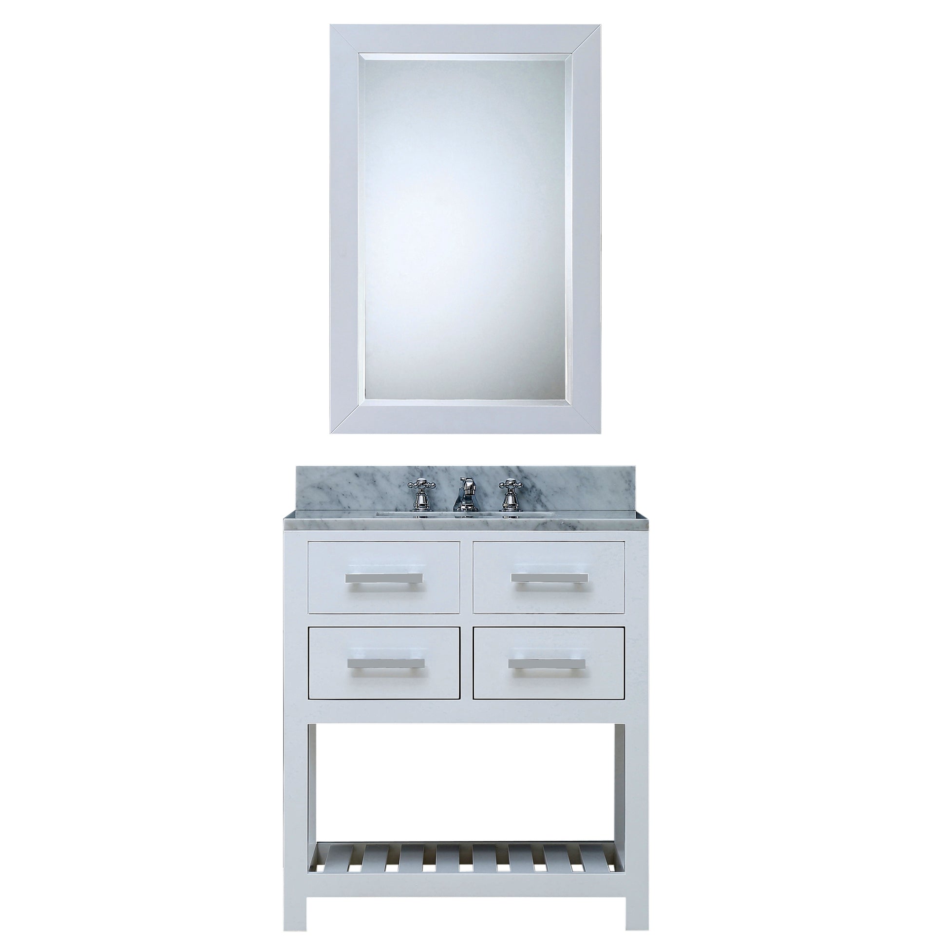 MADALYN 30"W x 34"H Pure White Single-Sink Vanity + Faucets & Mirror